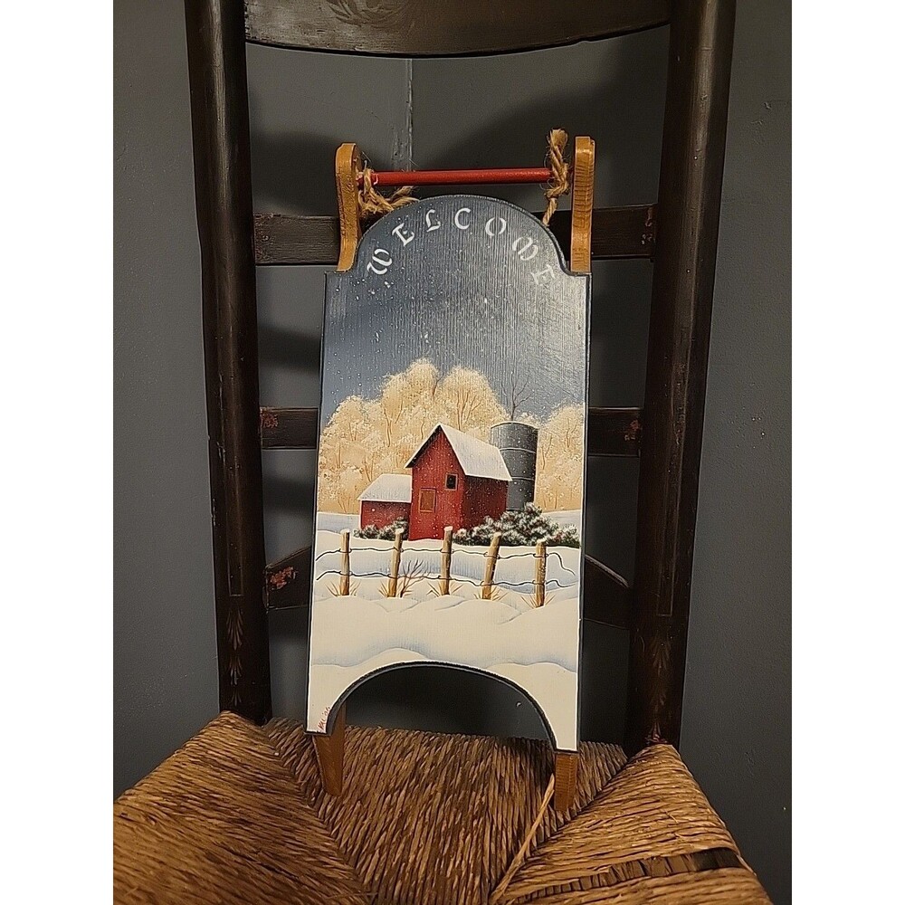 Handpainted Sled Red Barn Winter Scene Signed Rustic Farmhouse Snow Bells Art